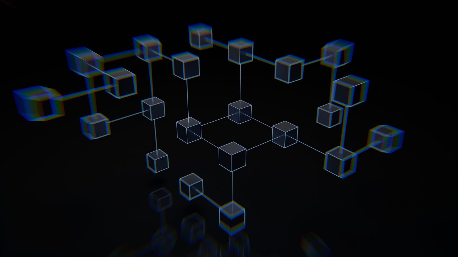 Abstract glowing blockchain network of connected blue nodes and links